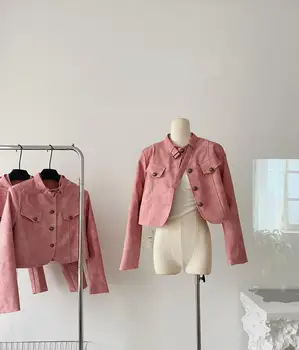 Женская шикарная розовая куртка из искусственной кожи Lady Весна Осень из искусственной кожи Однобортная Свободная Короткая куртка Верхняя одежда
