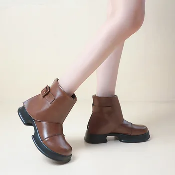 Женские ботинки Martin 2023, осень/зима, Новая Корейская версия, короткий ботинок с пряжкой на ремне в стиле ретро на квадратном каблуке, Женский ботинок H-09