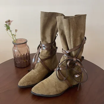 Женские ботинки в стиле Вестерн с перекрестным ремешком, осень 2023, женские нескользящие ковбойские сапоги до середины икры на низком каблуке без застежки