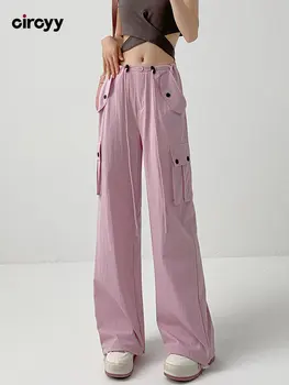 Женские брюки-карго с высокой талией и Розовыми пуговицами на шнурке, свободные брюки Y2k полной длины, Корейская уличная мода, Летняя новинка 2023 года