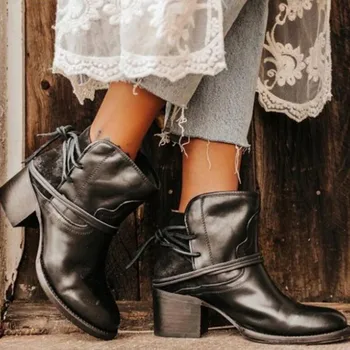 Женские модные зимние ботинки на круглом каблуке, винтажные ботинки из цельной кожи на шнуровке с круглым носком, модные элегантные нарядные ботильоны на высоком каблуке