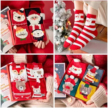 Женские носки Зимние Теплые Красочные носки Kawaii из мягкого хлопка, милые носки с оленем Санта-Клауса для девочки, Подарочные носки в Рождественской коробке