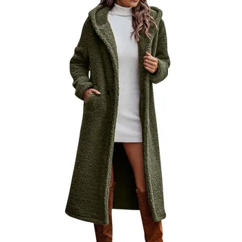 Женские пальто из искусственного меха с капюшоном, зимнее теплое пальто, верхняя одежда оверсайз, Длинный кардиган, легкая плюшевая куртка из искусственного меха для женщин 2023 года.