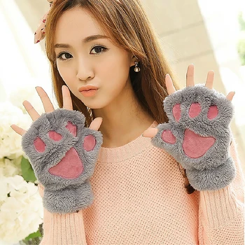 Женские перчатки для кошек, Модные Плюшевые варежки с кошачьей когтистой лапой для девочек, Теплые Мягкие Плюшевые зимние перчатки без пальцев на половину пальца