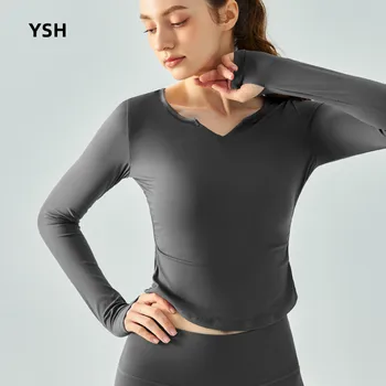 Женские рубашки для йоги с V-образным вырезом и длинным рукавом, укороченный топ для фитнеса, тонкая спортивная футболка для бега, эластичная дышащая одежда для тренировок