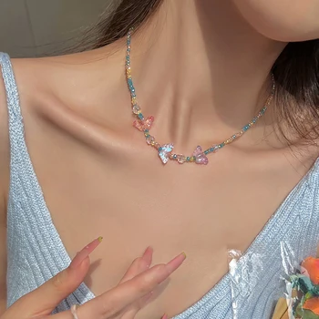 Женское богемное ожерелье из 1 шт., разноцветная бабочка и бусины, Корейская мода, свежая летняя подвеска Sweet Girls, ожерелье Y2K, ювелирные изделия