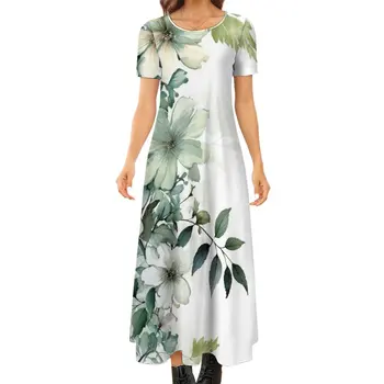 Женское длинное платье с круглым вырезом и принтом в виде цветочных листьев, повседневное Элегантное летнее платье с коротким рукавом и высокой талией для вечеринок, макси одежда для ежедневных путешествий