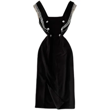 Женское модное темпераментное платье с квадратным вырезом и разрезом, черное