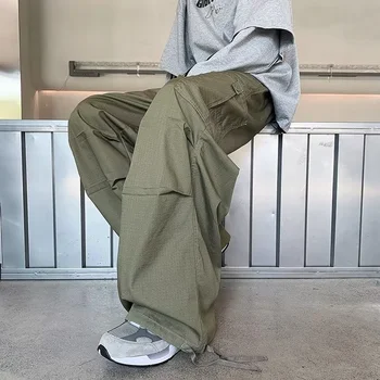 Зеленые брюки-карго эпохи Тинта, мужские Японские Широкие брюки Оверсайз, Мужские Черные Свободные Повседневные Уличные костюмы в стиле Хип-хоп Сафари.