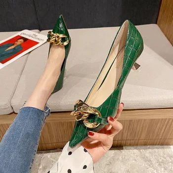 Зеленые женские туфли-лодочки, роскошные женские туфли на высоком каблуке с металлическим острым носком, профессиональное платье, Женская офисная обувь, Модные женские туфли на каблуках