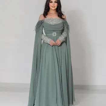 Зеленые платья трапециевидной формы без бретелек, длина до пола, вечернее платье с перьями, без рукавов, Женское вечернее платье Саудовской Аравии, свадебное платье