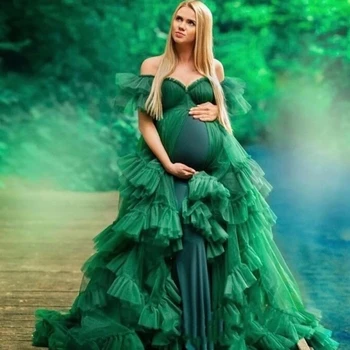 Зеленые Халаты для фотосессии беременных женщин А-силуэта, тюлевые оборки, халат для беременных, женское платье, детские платья для душа, фотография