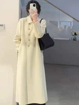 Зимнее белое Корейское пальто Bella Philosophy, женские винтажные шерстяные свободные пальто, женское двубортное пальто с отложным воротником