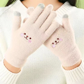 Зимние Теплые Плюшевые перчатки для женщин, Милый Медведь, Мягкие Пушистые варежки на весь палец, уличные однотонные толстые перчатки для леди и девочек