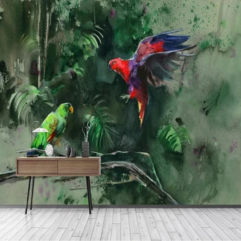 Изготовленная на заказ 3D настенная роспись Ручной росписью Пейзаж Тропический лес Растения Попугаи Обои для гостиной Домашний декор Фреска 3D Обои