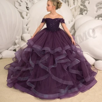 Изящный Темно-фиолетовый Шар, Платья для маленьких девочек с цветочным узором, Аппликации, Свадебные платья с открытыми плечами, Показ мод