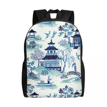 Индивидуальный рюкзак Chinoiserie Pagoda синего цвета под старину Willow Ware для мужчин и женщин, повседневная сумка для книг для школы, колледжа, сумки в восточном стиле