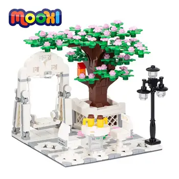 Качели в городском парке MOOXI, уличный фонарь, модель вишневого дерева, кирпичные аксессуары, строительный блок, развивающая игрушка для детей MOC4031
