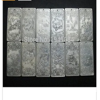 Китайский серебряный Будда, 12 монет зодиака + подвески, тханка, Тибет и Непал, МОНЕТЫ тханка, 12 шт., Старое тибетское Серебряное Бронзовое украшение.