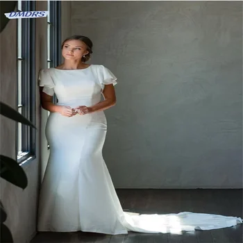 Классическое свадебное платье с круглым вырезом и рукавом 