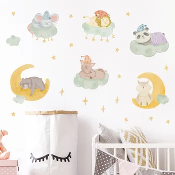 Комбинация мультяшных животных облака Луна спящие звезды Декоративные наклейки на стены детской комнаты самоклеящиеся украшения дома