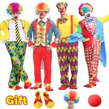 Комбинезоны клоуна Забавный Клоун Джокер Косплей Костюм с обувью Парик Красный нос Взрослые мужчины Карнавальные куртки Костюмы