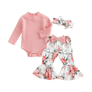 Комплект Одежды для новорожденных девочек, водолазка в рубчик, ползунки с длинными рукавами и повседневные расклешенные брюки с цветочным принтом, повязка на голову.