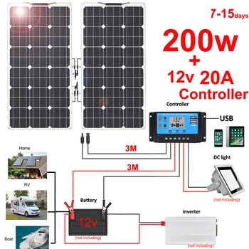 комплект солнечных панелей мощностью 200 Вт, гибкое зарядное устройство на 12 В, контроллер 20A, фотоэлектрическая панель для дома, балкона, автомобиля, фургона, яхты, водонепроницаемая