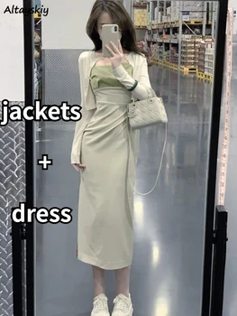 Комплекты из 2 предметов, женские солнцезащитные укороченные куртки с боковыми разрезами, платья с панелями, Зрелый темперамент, Летняя эстетическая мода, женская одежда