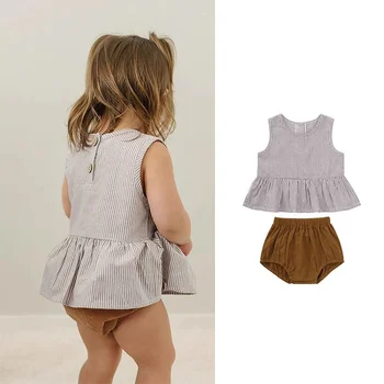 Комплекты летней одежды для маленьких девочек EnkeliBB, полосатая блузка и коричневые шаровары, милые наряды для маленьких девочек