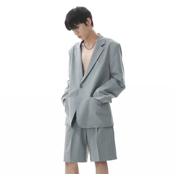 Комплекты летних мужских блейзеров SYUHGFA, корейский свободный костюм в летнюю полоску, пальто, шорты, повседневная модная Мужская одежда класса люкс из двух предметов