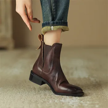 Короткие ботинки из натуральной кожи, осенне-зимняя женская обувь, женские ботинки на массивном каблуке с круглым носком, модные ботильоны ручной работы в стиле ретро