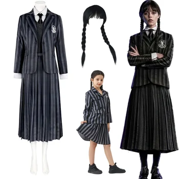 Косплей костюм Wednesday Addams, школьная форма колледжа Nevermore, Парик, рубашка в полоску, пальто, костюм для вечеринки на Хэллоуин