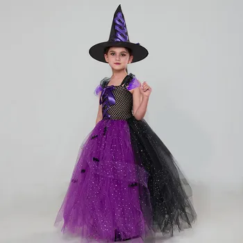 Костюм ведьмы для девочек, косплей на Хэллоуин, нарядное платье-пачка, подарок принцессы на День рождения, Косплей на Хэллоуин, костюм + Наборы шляп
