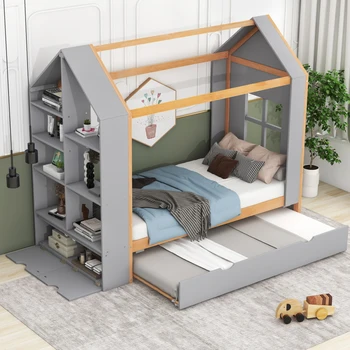 Кровать Twin Size, Домашняя Кровать-платформа с Полками Для хранения и Чемоданом Twin Size, Домашняя кровать с Несколькими местами для хранения в детской спальне