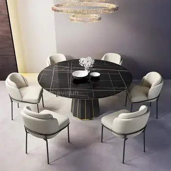 Круглый Обеденный стол с мраморной столешницей из черного камня и поворотным столом, Обеденные стулья в деревенском стиле на 8 персон, Мебель для ресторана Comedor