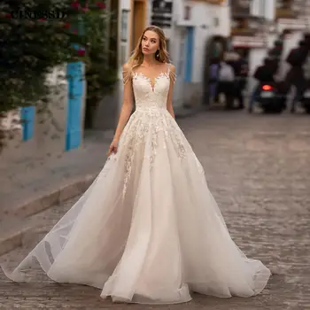Кружевное свадебное платье трапециевидной формы с аппликацией из жемчуга цвета шампанского, сексуальный шлейф, vestido de novia para boda, гражданское свадебное платье