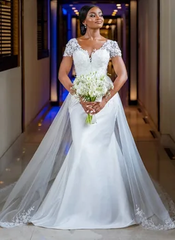 Кружевное Свадебное Платье с короткими Рукавами 2023, Новое Элегантное Свадебное Платье С V-образным вырезом 
