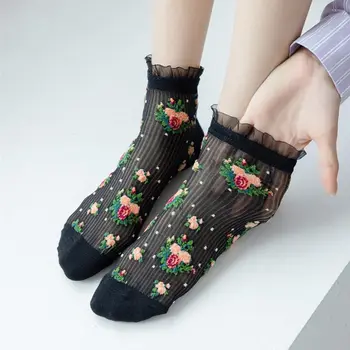 Кружевные носки с оборками, цветочная вышивка, ретро-женские короткие носки до щиколотки с глубоким вырезом, Летние Ультратонкие прозрачные шелковые носки с кристаллами