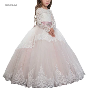 Кружевные румяна с длинными рукавами, Розовая летняя одежда для маленьких девочек, детские платья, бальное платье для маленьких девочек для свадебной вечеринки, vestidos de comunion
