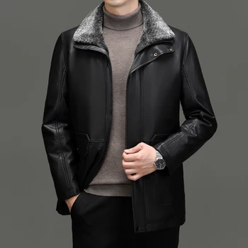 Куртка из натуральной кожи, осенне-зимнее кожаное пальто, мужской лацкан из бархата средней длины, роскошное кожаное пуховое пальто, мужское