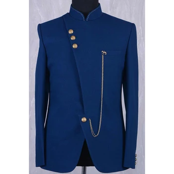Куртка Мужские костюмы Синий воротник стойка в стиле стимпанк обычной длины пальто для официальных мероприятий Только цельный костюм Slim Fit Сшитый на заказ