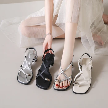 Летние босоножки Med 2023, Летняя распродажа женской обуви, Костюм на высоком каблуке, Женский Бежевый кросс-джокер среднего размера, Новая мода для девочек на высоком