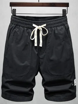 Летние хлопковые Черные шорты, мужские повседневные мешковатые короткие брюки на шнурке, Мужские шорты для бега на открытом воздухе длиной до колена.