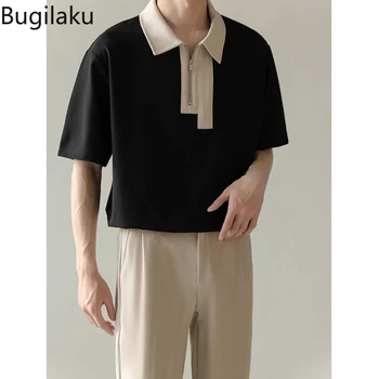 Летний американский дизайн Bugilaku, молния в стиле пэчворк контрастного цвета, мужские корейские свободные повседневные брюки с короткими рукавами с лацканами
