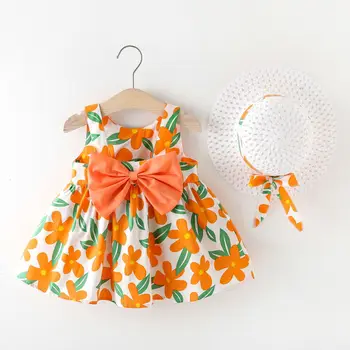 Летняя детская одежда, пляжные платья для девочек, милое платье принцессы с цветочным узором и бантом + шляпа, одежда для новорожденных, повседневная модная юбка
