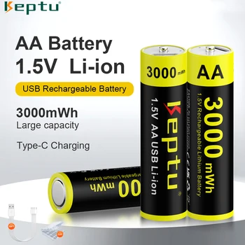 Литий-ионная аккумуляторная батарея KEPTU 1,5 В 3000 МВтч Литиевые батарейки типа АА Type C заряжаются с помощью USB-кабеля 4-в-1