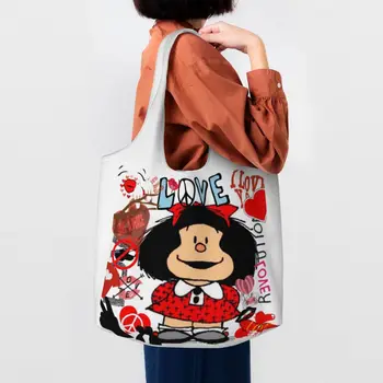 Любовь и Мафальда, окруженные сердцами, сумка для покупок, товары из мультфильмов Quino Manga, холщовая сумка для покупок через плечо, сумки