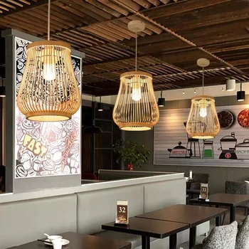 Люстра из натурального бамбука Украшение дома Потолочный светильник из китайского ротанга Светодиодное освещение Подвесной Деревянный фонарь для ресторана Hot Pot