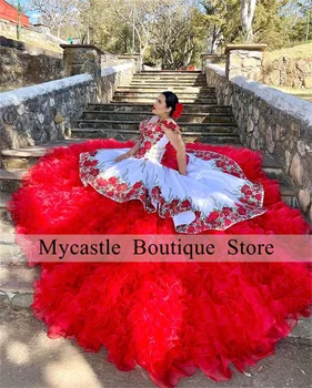 Мексика, 2 предмета, корсет с открытыми плечами, бальное платье с бусинами, пышное платье с красными оборками и аппликациями, платье Sweet 16 для девочек, вечернее платье